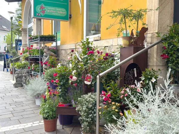 Renkli çiçekler ve şehir caddesinde dekoratif çömlek sergisi..