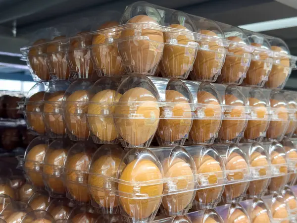 Metal raftaki temiz plastik kutularda kahverengi yumurta yığınları..