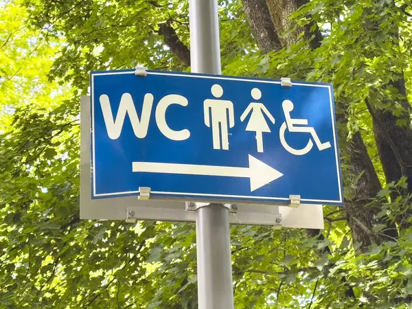Ormanda erkek, kadın ve erişilebilir sembollerin olduğu mavi wc işareti..