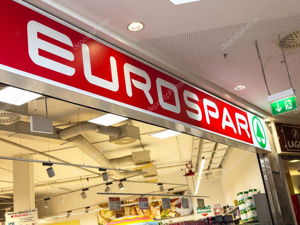 Eurospar supermarket entrance sign in modern indoor shopping mall.