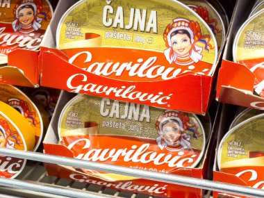 Geleneksel tasarımlı konserve et ambalajı kadın illüstrasyonu.