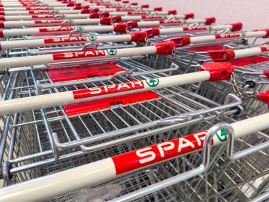 Marketin girişinde düzenli olarak sıralanmış spor alışveriş arabaları..