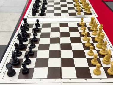 Satranç turnuvası iki tahtada siyah ve beyaz taşlarla kurulmuş..