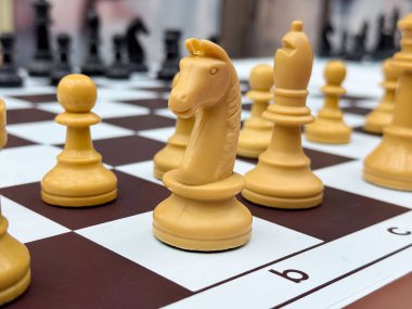 Satranç tahtasına yakın çekim sarı şövalye ve çeşitli satranç taşları.