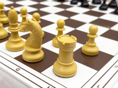 Kahverengi ve beyaz satranç tahtasında satranç taşlarının yakın çekimi.