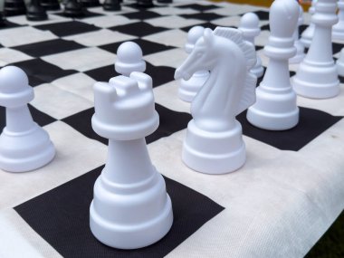 Beyaz kale ve şövalye parçalarının yer aldığı kareli tahtada açık hava satranç takımı..