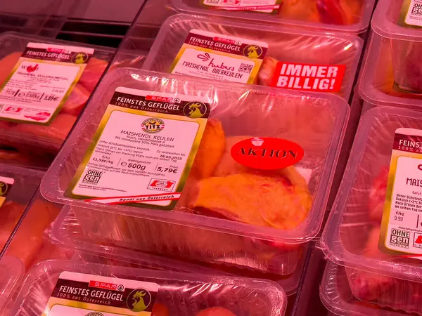 Süpermarkette indirimli etiketli paketlenmiş tavuk göğsü..