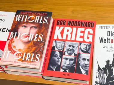 Villach, Austria - July 01, 2025: Display of book covers on wooden table, featuring titles Witches, Bitches, and Krieg, highlighting various themes and artistic styles