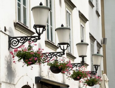 Avrupa binasında pembe çiçeklerle süslenmiş tarihi sokak lambaları.