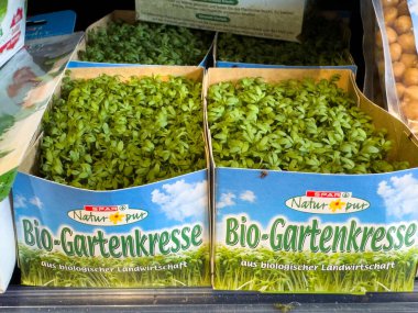 Villach, Avusturya - 10 Temmuz 2025: Yerel pazarda çevre dostu ambalajda organik bahçe teresi, taze üretim ve sürdürülebilir tarım yöntemlerini ön plana çıkarıyor