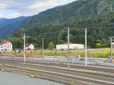 Villach, Avusturya - 10 Temmuz 2025: Çevresindeki ahşap kütüklerle yeşil dağların arasından geçen manzara rayları, kırsal ulaşımı ve doğal güzelliği vurguluyor