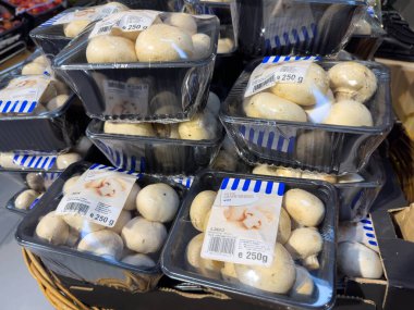 Villach, Avusturya - 28 Temmuz 2025: Plastik kaplarda taze beyaz mantarlar bakkalda düzgünce sergileniyor, organik üretimi vurguluyorlar