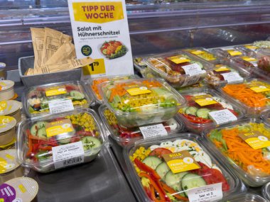 Villach, Avusturya - 15 Ağustos 2025: İçinde tavuk şnitzel bulunan renkli salata kapları, taze sebzeler ve uygun ambalajları ön plana çıkaran bir bakkalda düzenleniyor