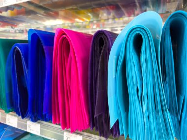 Villach, Avusturya - 18 Ağustos 2025: Bir mağaza rafında mavi, mor, pembe ve deniz mavisi gibi parlak renklerde çeşitli plastik klasörler düzenlendi