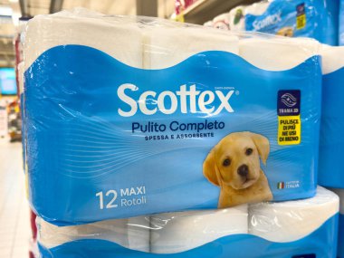 Udine, İtalya - 26 Ağustos 2025: Renkli bir ortamda ambalaj, emici kalite ve perakende gösterimi üzerine köpek tasarımı yapılmış Scottex kağıt havlular