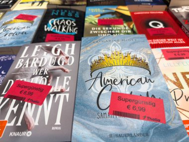 Villach, Avusturya - 17 Eylül 2025: Bir kitapçı ortamında popüler başlıklar vurgulanarak, fiyat etiketli canlı kitap kapakları bir masanın üzerinde düzenlenir