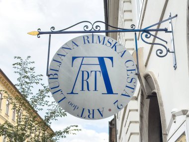 Ljubljana, Slovenia - October 02, 2025: Art gallery sign in Ljubljana features stylish branding, inviting art enthusiasts to discover unique artistic creations