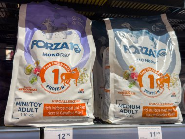Ljubljana, Slovenia - October 02, 2025: Forza10 Monodiet pet food bags on shelf, featuring hypoallergenic formulas for dogs, rich in horse meat and peas