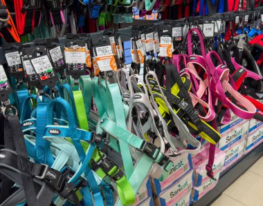 Ljubljana, Slovenia - October 02, 2025: Vibrant pet harnesses arranged on shelves in a store, offering diverse styles and colors for pet owners