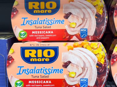 Ljubljana, Slovenia - October 02, 2025: RIO mare Insalatissime tuna salad in Messicana flavor with red beans and sweetcorn on supermarket shelf