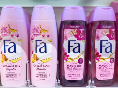 Ljubljana, Slovenia - October 02, 2025: Fa shampoo bottles feature Cream & Oil Magnolia and Magic Oil Pink Jasmine, perfect for hair care enthusiasts seeking quality products
