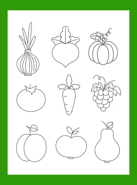 Набор Плоских Фруктов Овощей Иконки Черными Линиями Белом Фоне — стоковый вектор