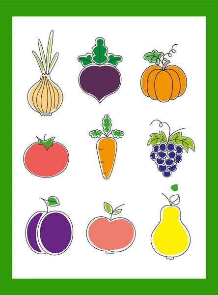 Ensemble Fruits Légumes Plats Couleur Isolée Sur Fond Blanc — Image vectorielle