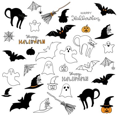 Cadılar Bayramı grafik unsurları, vektör. El yapımı set. Vektör illüstrasyonu.