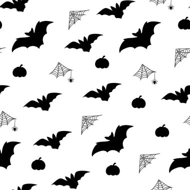 Kusursuz Cadılar Bayramı şablonu. Cadılar Bayramı parti vektör illüstrasyonu. Hafif arka planda örümcek ağı ve balkabağı. Cadılar Bayramı vektörü pürüzsüz desen.