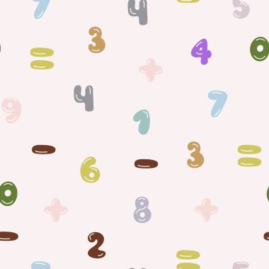 Kusursuz desenli, elle çizilmiş numaralar. Yumuşak pembe arka planda renkli pastel sayılar içeren vektör arkaplanı