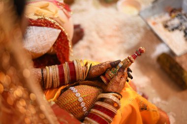 Hindhu düğün kutlamaları mutlu hareketlerle, Dulhan eli yakın, Hindu kırmızısı geleneksel gelinlik sari işlemeli altın takılar