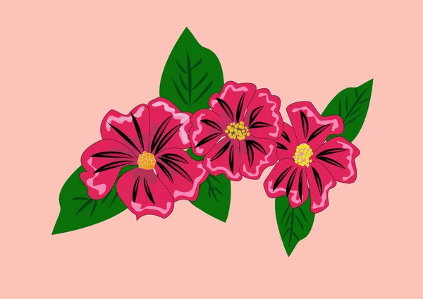 Vektorillustration Strauß Hibiskuszweig Mit Drei Roten Blüten — Stockvektor