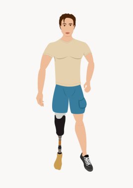 Sağ bacağı protez olan genç bir adam. Protezli, atletik vücutlu aktif bir yaşam. Vektör illüstrasyonu beyaz arkaplanda izole edildi.