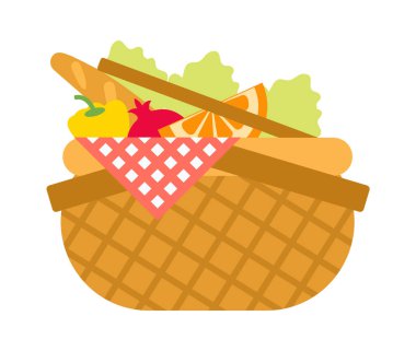 Hasır ve söğüt piknik sepeti. Vektör illüstrasyonu