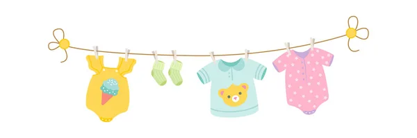 Bebek Kıyafetleri Iple Kuruyor Vektör Illüstrasyonu — Stok Vektör