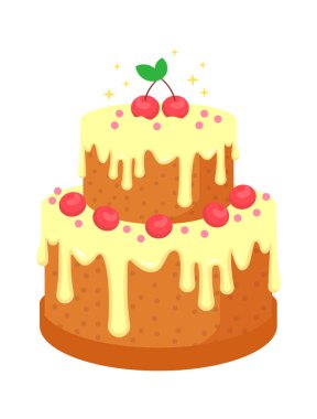 Kirazlı doğum günü pastası. Vektör illüstrasyonu