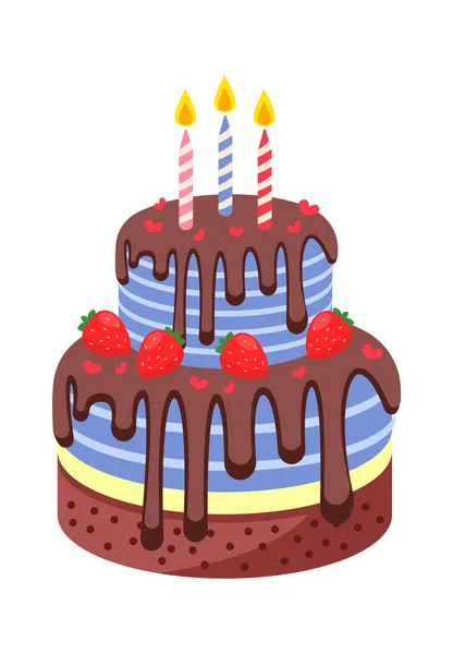 イチゴとキャンドルの誕生日ケーキ ベクターイラスト — ストックベクタ