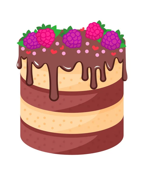 Schokoladenkuchen Mit Himbeeren Vektorillustration — Stockvektor