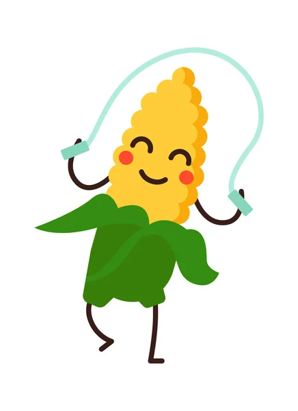 Карикатурная Кукуруза Скакалке Овощная Икона Здоровое Питание Векторная Иллюстрация — стоковый вектор