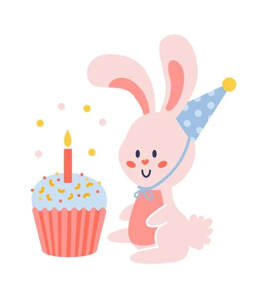 誕生日パーティーでかわいいウサギ 子供向けのデザイン ベクターイラスト — ストックベクタ