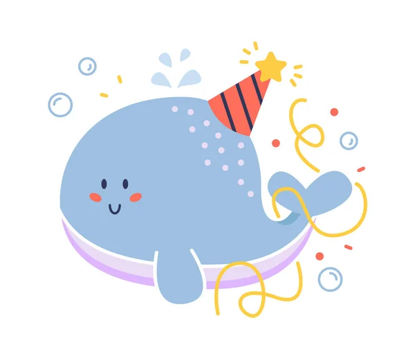 かわいいクジラの誕生日パーティー 子供向けのデザイン ベクターイラスト — ストックベクタ