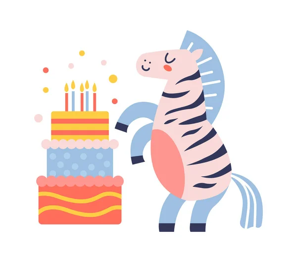 ケーキ付きの誕生日パーティーZebra 子供向けのデザイン ベクターイラスト — ストックベクタ