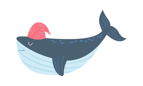 Pijama Şapkalı Şirin Uyuyan Balina Yassı Okyanus Hayvanı Vektör Illüstrasyonu — Stok Vektör