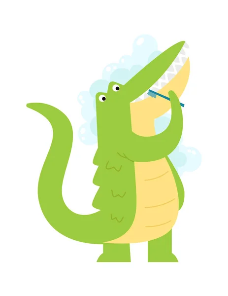 Drôle Sauvage Animal Plat Icône Mignon Crocodile Brosse Dents Illustration — Image vectorielle