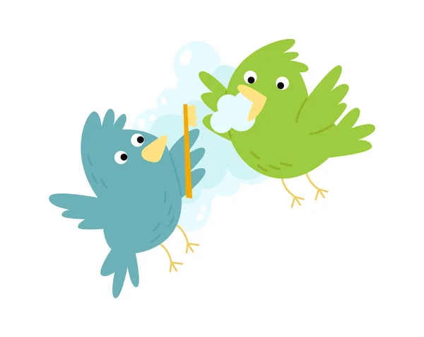 Pássaros Bonitos Escovar Dentes Plana Ícone Engraçado Desenho Animado Passarinho —  Vetores de Stock
