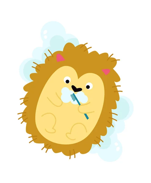 Cute Hedgehog Brush Teeth Flat Icon Funny Cartoon Animal Vector — Stock Vector