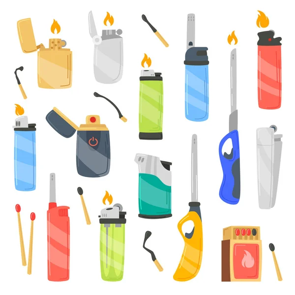 Lighters Flat Icons Set Incendiary Devices Burnt Matches Electric Lightener — Stock Vector