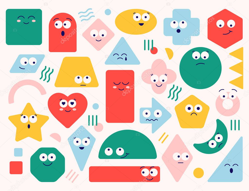 Geometric shapes flat icons set. Different variations of cartoon abstract figures. Triangle, trefoil, star, arrow and crescent futuristic symbols. Color isolated illustrations