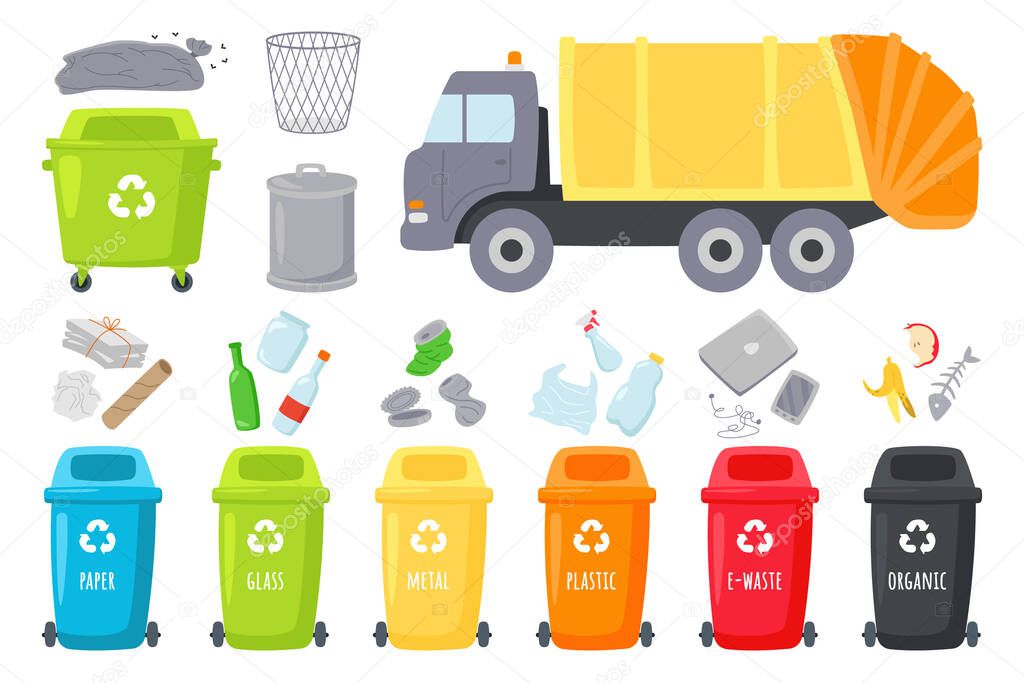 Garbage truck and trash cans flat icons set. Rubbish recycling. Paper, steel bottle plastic and glass waste litters sorting. Protect environment. Color isolated illustrations