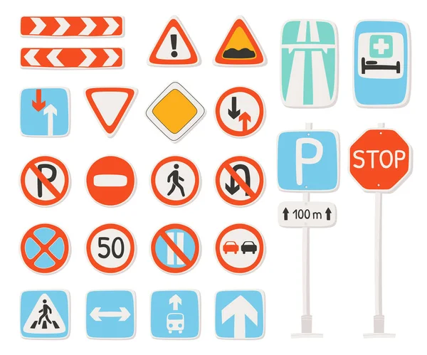 Verkehrsschilder Flache Symbole Gesetzt Verkehrssymbole Informationen Über Den Weg Über — Stockvektor